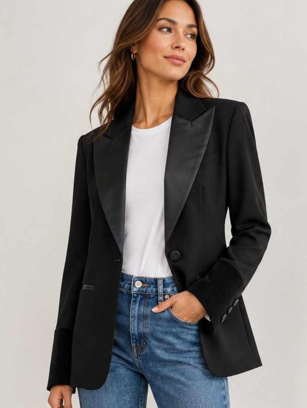 95% Wool DKNY Petite 10 Black Tuxedo Blazer Satin Lapels Tailored